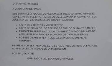 Pedido de publicación de los Empleados del Sanatorio Pringles