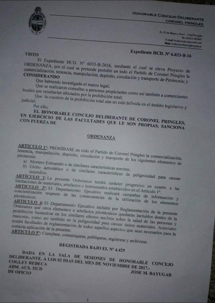 Prohibiciones sobre Pirotecnia en Pringles