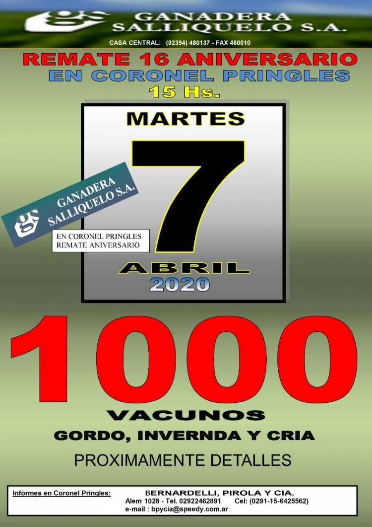 Remate 16º Aniversario en Coronel Pringles de Ganadera Salliqueló