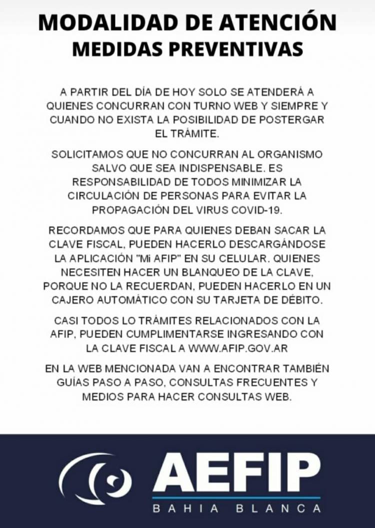 Modalidad de Atención en la AFIP sede Coronel Pringles