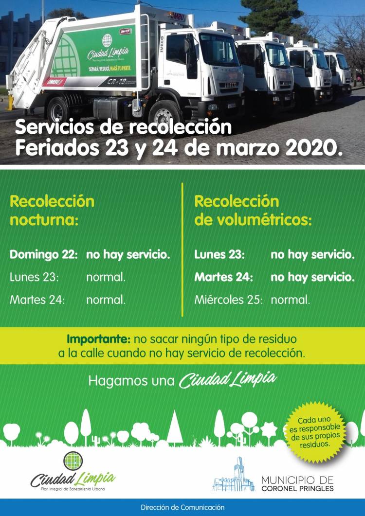 Recolección de Residuos para los Feriados 23 y 24 de Marzo