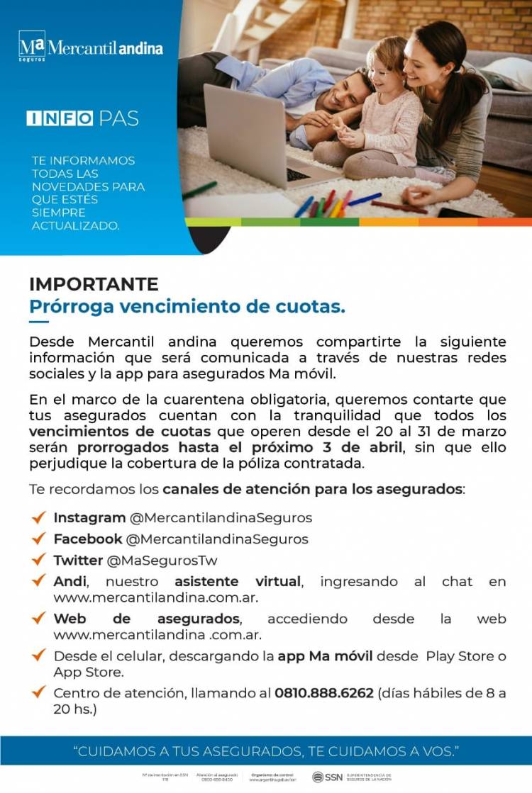 Prórroga vencimientos de cuotas de Mercantil Andina