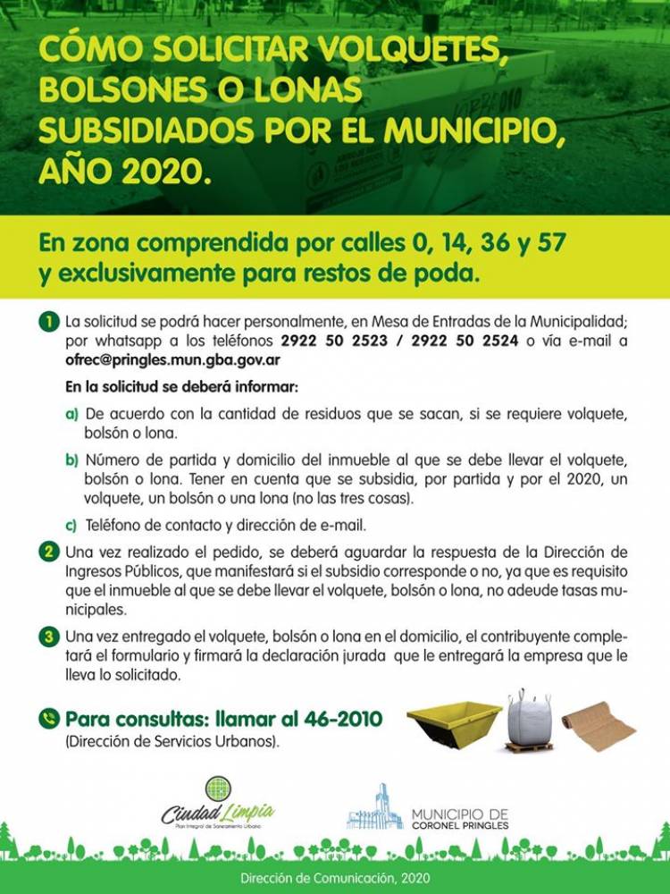 Cómo solicitar volquetes, bolsones o lonas subsidiados por el Municipio Año 2020