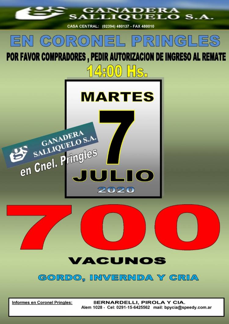 Remate de Ganadera Salliqueló S. A. en Pringles