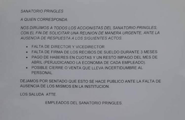 Pedido de publicación de los Empleados del Sanatorio Pringles