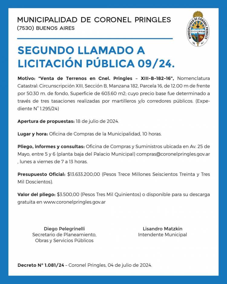 Segundo llamado a Licitación Pública 09/24