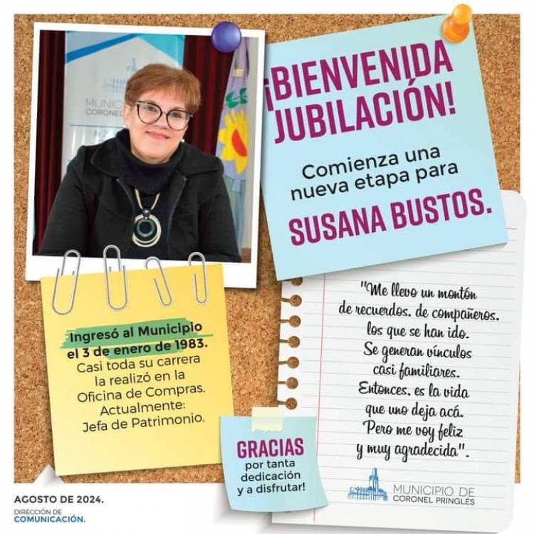 Comienza una nueva etapa para Susana Bustos, dado que el 31 de agosto es su último día en funciones